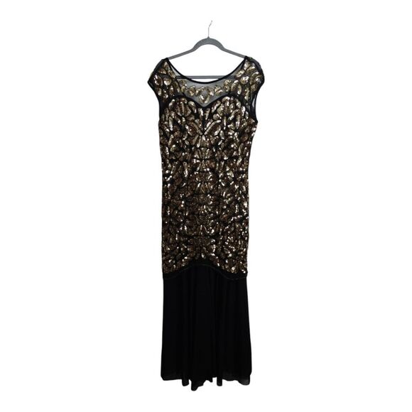 Black and Gold Embroidered Embellished Beaded Sequin Maxi Dress Size L - Picture 4 of 10
